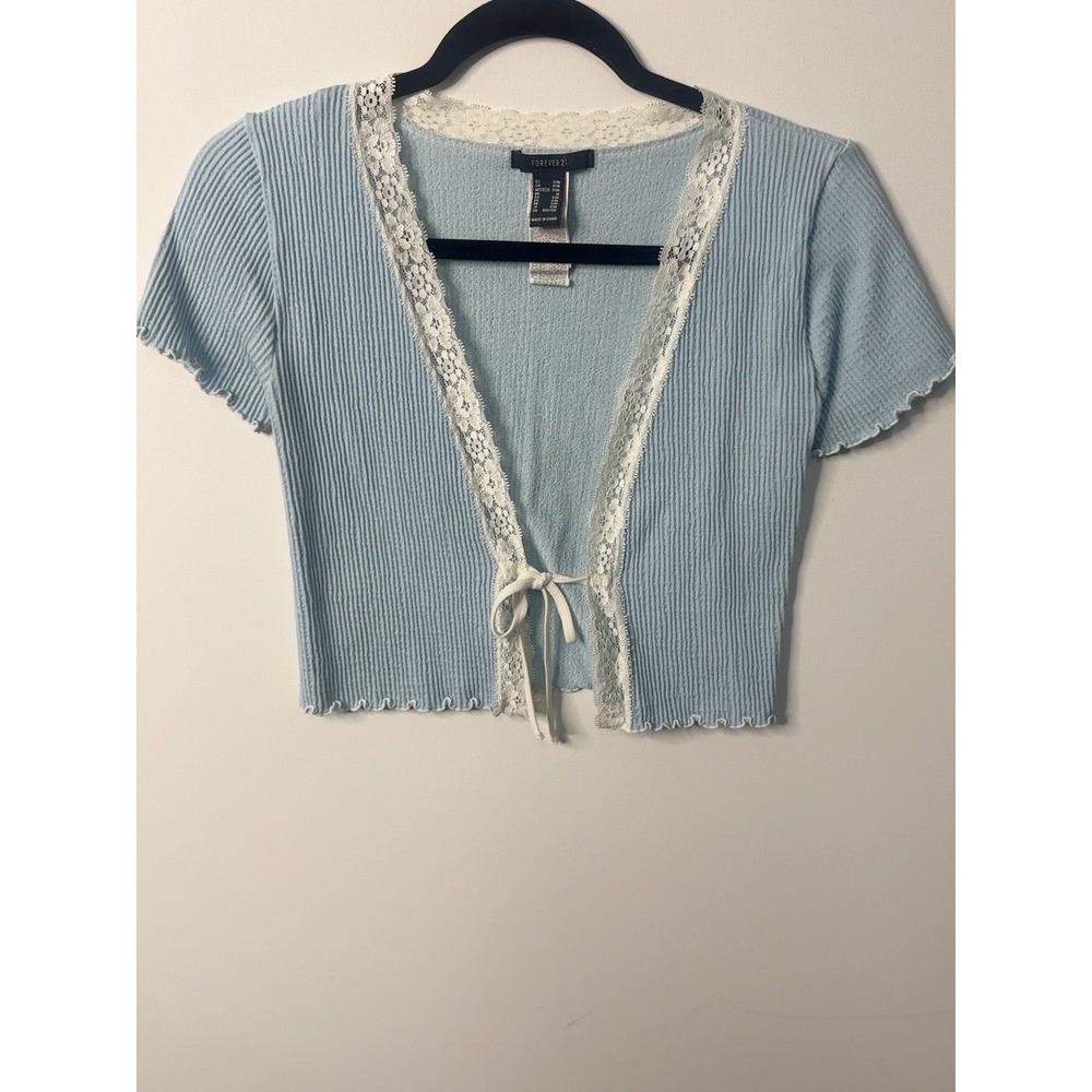 Forever 21 Light-Blue Y2K Cropped Tie-Front Lacey trim  Cardigan S/M
